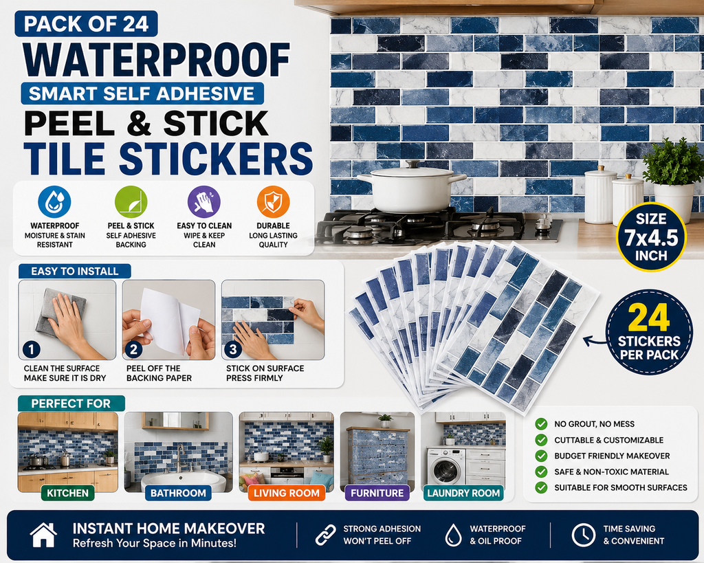 Pack of 24 Waterproof Self-Adhesive Tile Stickers
