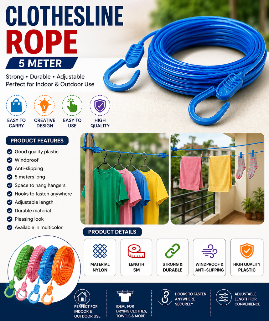 5 Meter Portable Clothesline Rope Adjustable Windproof Laundry Drying Rope